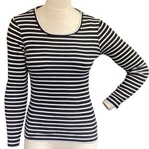 Caslon Striped Round Neck Long‎ Sleeve Cotton Tee Top M Black & White 42i